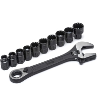 Adjustable wrench pass-thru socket set 11pcs (10-19mm) black