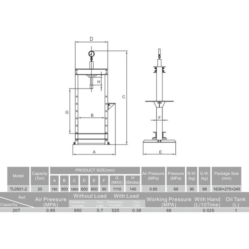 Pneumatic / hydraulic shop press with gauge 20t