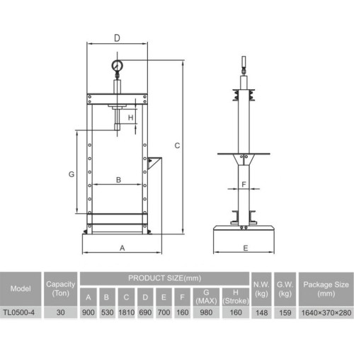 Hydraulic shop press with gauge 30t