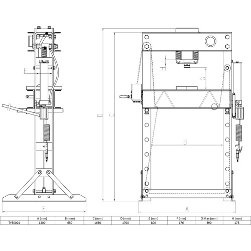 Pneumatic / hydraulic shop press with gauge