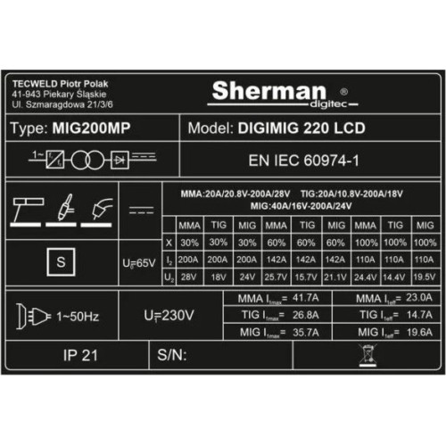 Pusautomačio KOMPLEKTAS SHERMAN DIGIMIG 220 LCD su skydeliu E3 ir vežimėliu MIG