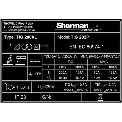 Sherman TIG 202P inverter welder