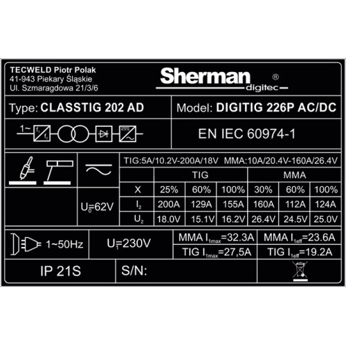 Inverterinis suvirinimo aparatas Sherman DIGITIG 226P AC/DC