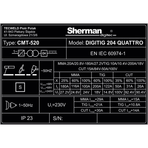 Welding machine Sherman DIGITIG 204 QUATTRO with plasma cutting function