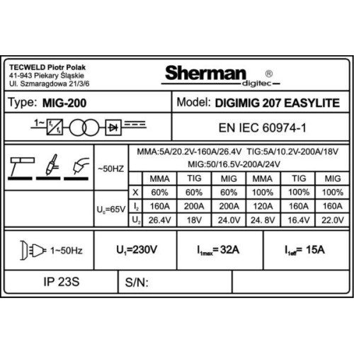 Inverterinis suvirinimo aparatas Sherman DIGIMIG 207 EASYLITE