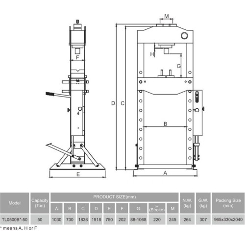 Hydraulic shop press with gauge 50t (foot pump)