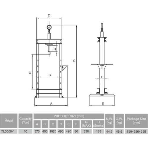 Hydraulic shop press with gauge 10t
