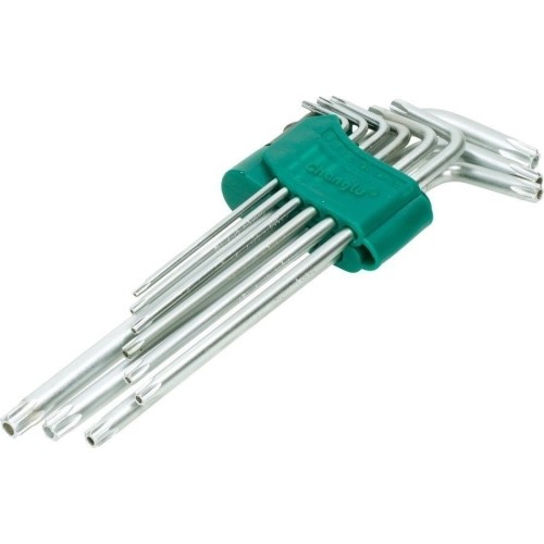 L-tipo šešiakampių TORX prailgintų raktų rinkinys 9vnt. (T10-T50) su kiauryme