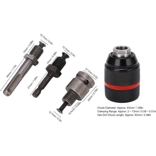 Griebtuvas gręžtuvui 1/2'' Ø2-13mm su adapteriais 4vnt.