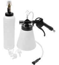 Pneumatic brake bleeder with filler system and adapters