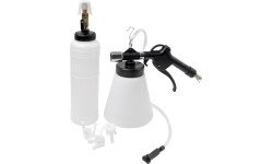 Pneumatic brake bleeder with filler system and adapters