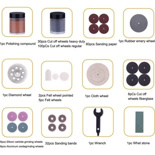 Priedų rinkinys 302vnt. universaliam mini šlifuokliui lanksčiu velenu