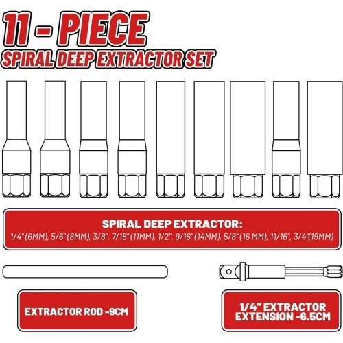 Bolt extractor socket set 11pcs (6-19mm) 3/8'' Dr.