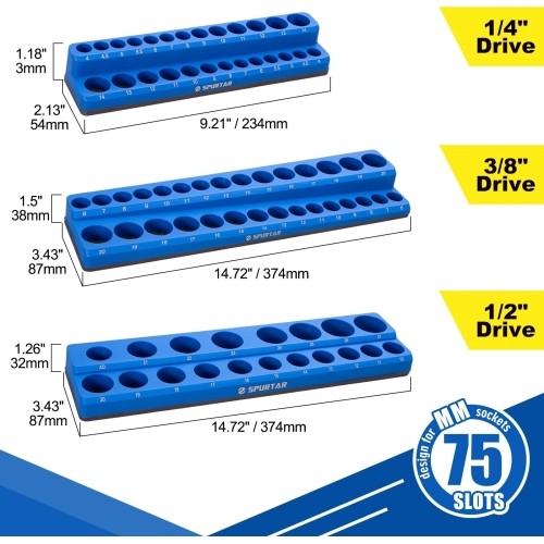 Magnetinių laikiklių galvutėms rinkinys 3vnt (1/2"+3/8"+1/4") Metrinė sistema