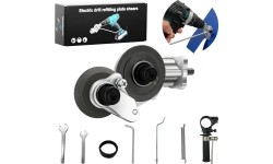 Sheet metal refitting shears attachment for drill