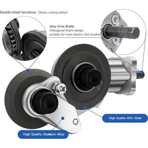 Sheet metal refitting shears attachment for drill