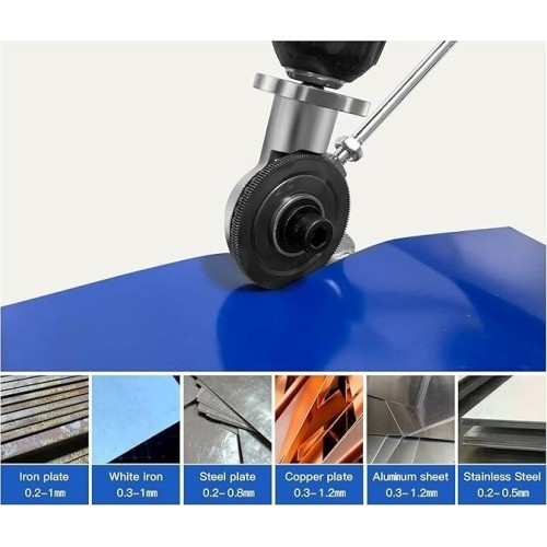 Sheet metal refitting shears attachment for drill