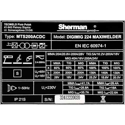 Synergic inverter welder DIGIMIG 224 MAXIWELDER