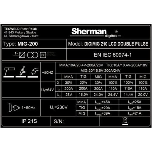 Sinerginis inverterinis suvirinimo aparatas DIGIMIG 210 LCD DOUBLE PULSE