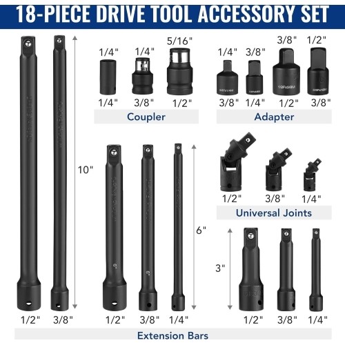 1/4" + 3/8" + 1/2" Dr. Impact extension set 18pcs