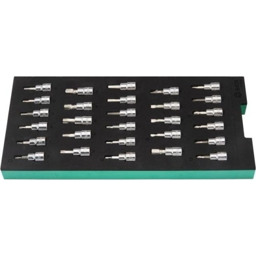 Padėklas. Galvučių su antgaliais rinkinys 3/8" (pl./PH/PZ/HEX/torx) 28vnt.