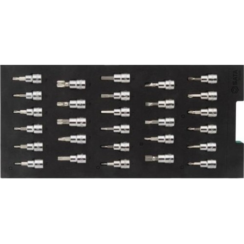 Padėklas. Galvučių su antgaliais rinkinys 3/8" (pl./PH/PZ/HEX/torx) 28vnt.