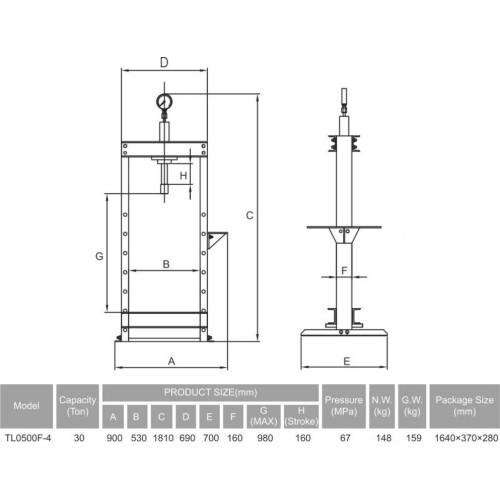 Hydraulic shop press with gauge 30t (foot pump)