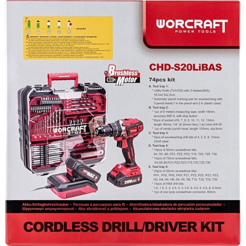 Li-ion Cordless Driver / Drill 20V with accesory kit 74pcs, 2x2.0Ah