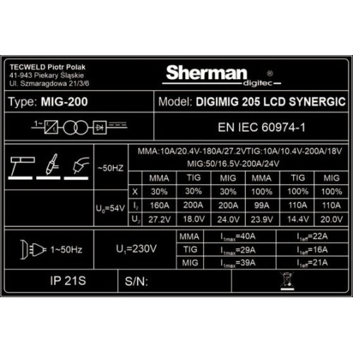 Inverter welder Sherman DIGIMIG 205 LCD SYNERGIC