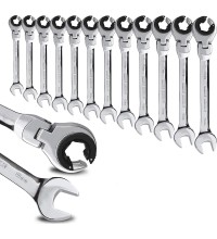 Open combination ratchet spanner with flexible head - 16mm