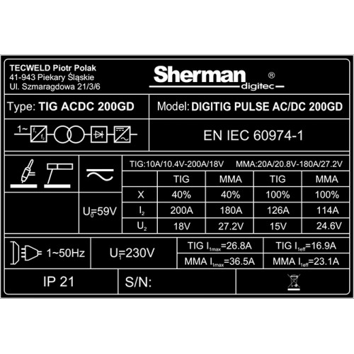 Inverterinis suvirinimo aparatas Sherman DIGITIG pulse AC/DC 200GD