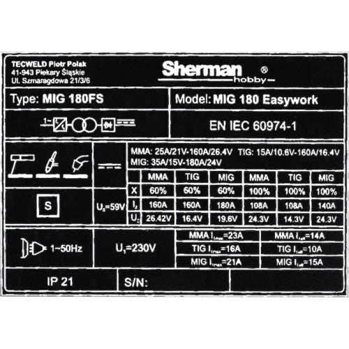 Sinerginis inverterinis suvirinimo aparatas Sherman MIG 180 Easywork