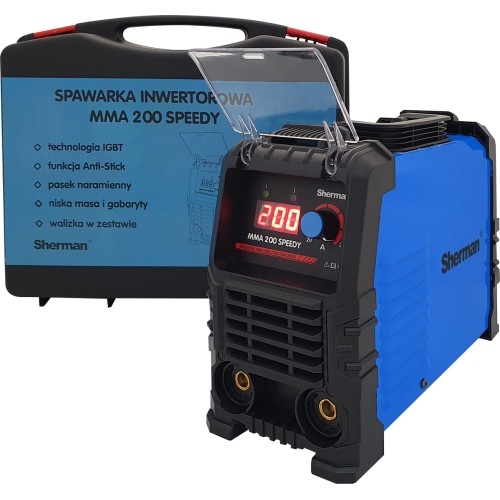 Inverterinis suvirinimo aparatas Sherman MMA 200 Speedy, su plastikiniu lagaminu ir priedais