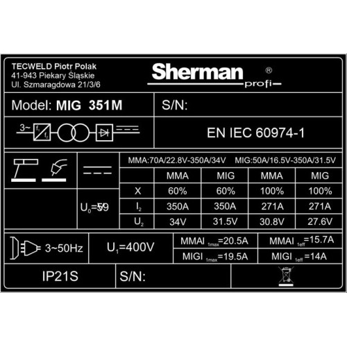 Inverter welder Sherman MIG 351M/4R