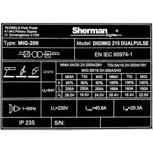 Inverter welder Sherman DIGIMIG 215 DUALPULSE 4R