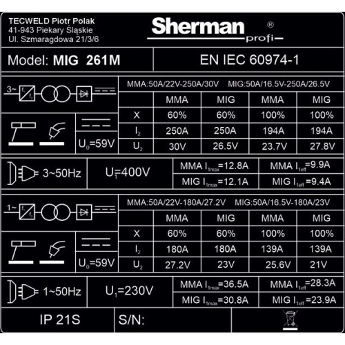 Inverterinis suvirinimo aparatas Sherman MIG 261M/4R