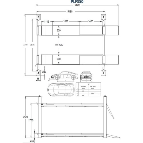 Four post hydraulic lift with secondary lifting mechanism 5t