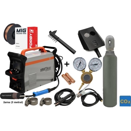 Inverterinio suvirinimo aparato 255A MIG / MMA / LIFT TIG KOMPLEKTAS (aparatas + dujų balionas CO2 5L + reduktorius + viela + k