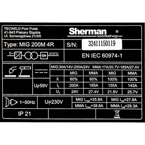 Inverter welder Sherman MIG 200M 4R