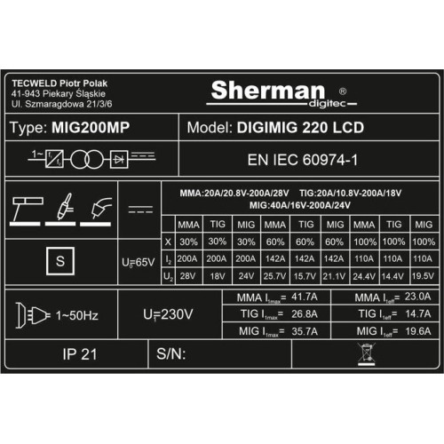 Suvirinimo aparatas Sherman DIGIMIG 220 LCD