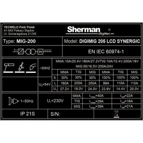 Inverterinio suvirinimo aparato Sherman DIGIMIG 205 LCD SYNERGIC KOMPLEKTAS  (aparatas + dujų balionas CO2 8L + reduktorius + v