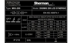 Inverterinio suvirinimo aparato Sherman DIGIMIG 205 LCD SYNERGIC KOMPLEKTAS  (aparatas + dujų balionas CO2 8L + reduktorius + v
