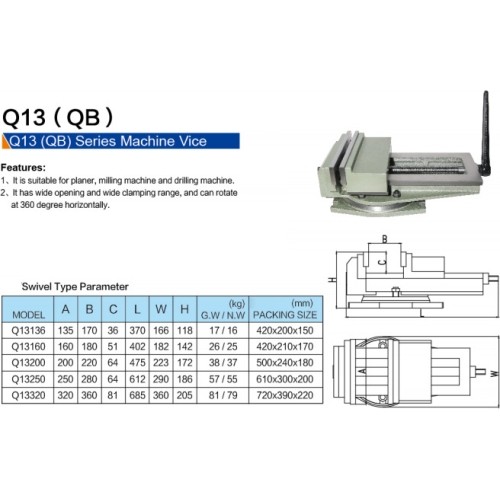 QB machine swivel vice - Lūpų plotis 136mm, 18.0kg