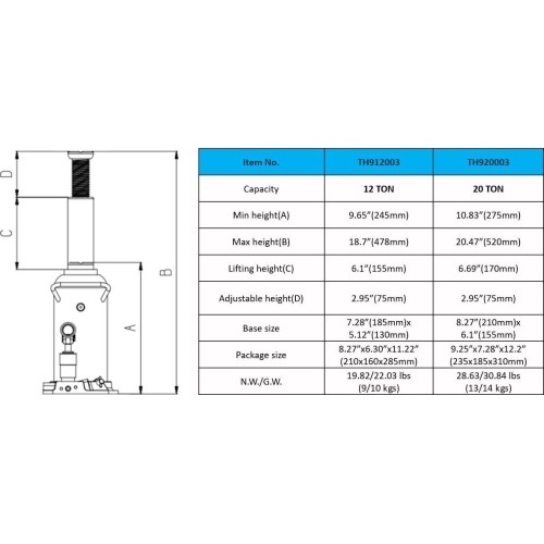 Hydraulic bottle jack, 20t TUV vertical and horizontal