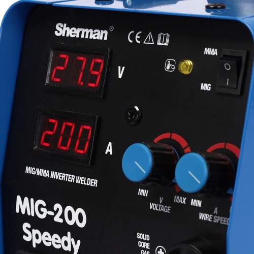Inverterinis suvirinimo aparatas Sherman MIG 200 Speedy (aparatas + dujų balionas CO2 5L + reduktorius + viela + priedai)