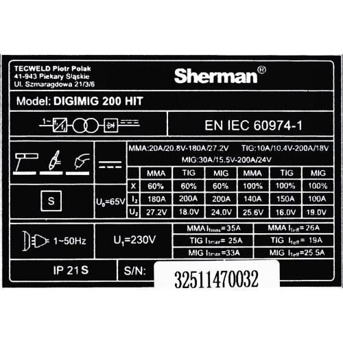 Synergic welder Sherman DIGIMIG 200 HIT