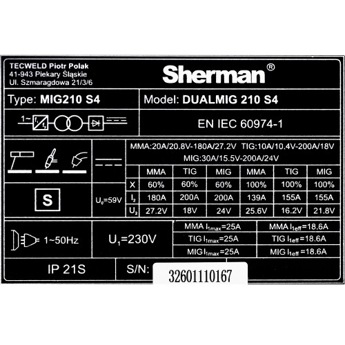 Inverterinis suvirinimo aparatas Sherman DUALMIG 210 S4