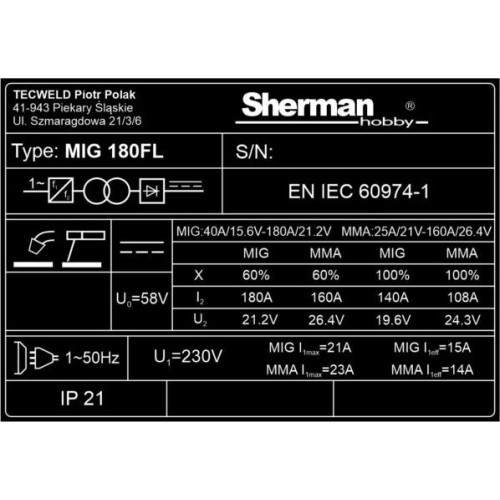Inverterinis suvirinimo aparatas Sherman MIG 180FL