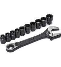 Adjustable wrench pass-thru socket set 11pcs (10-19mm) black