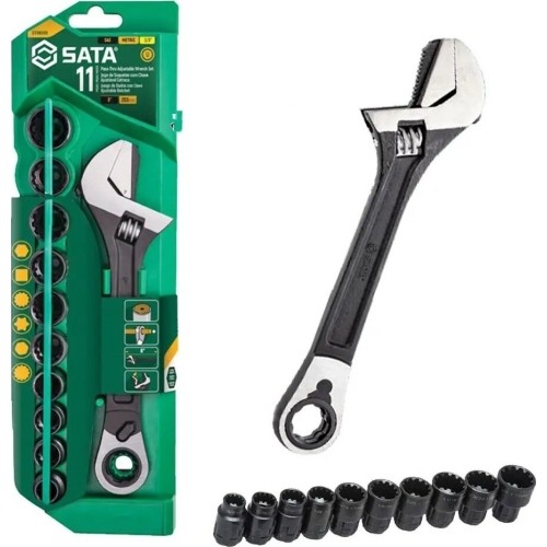 Adjustable wrench pass-thru socket set 11pcs (10-19mm) black